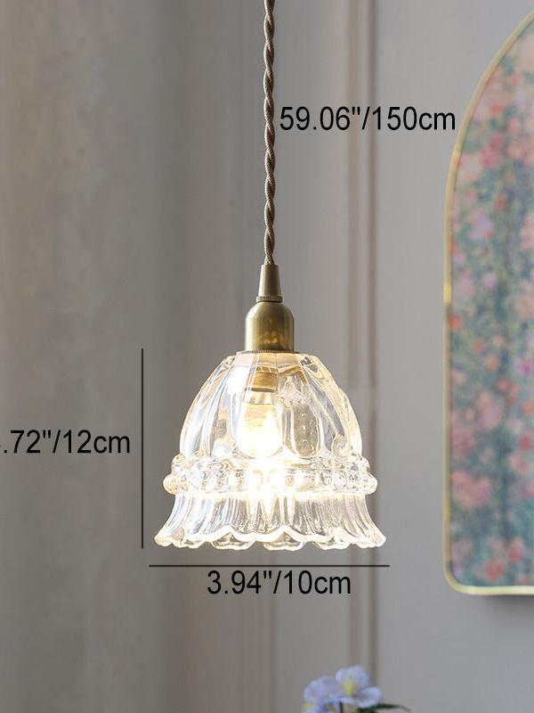 French Country Pendant Lamp Glass Shade Jellyfish Design Transparent or Amber with Walnut Handle Ambient Lighting Dining Room Elegant Ceiling Lamp - Lamylie