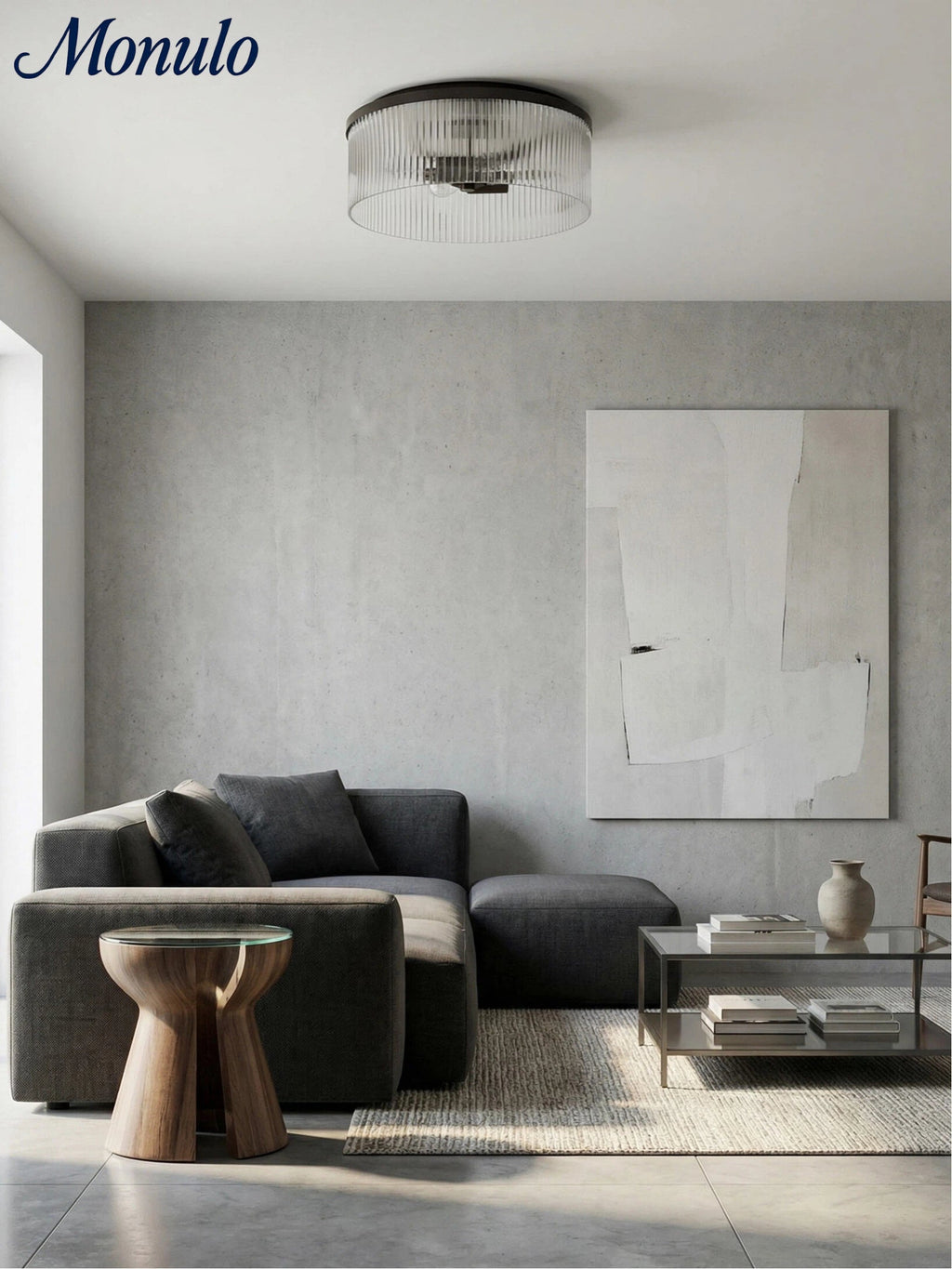 Ribbed Glass Ceiling Lamp Modern Low-Profile Design Bedroom Living Room Hall - Lamylie