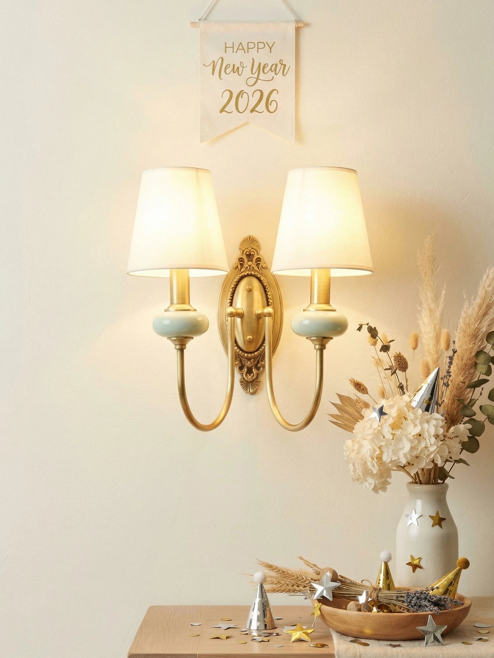 Ceramic Wall Lamp with Fabric Shade - 1 or 2 Light Points - E27 - Various Colors & Styles - Lamylie