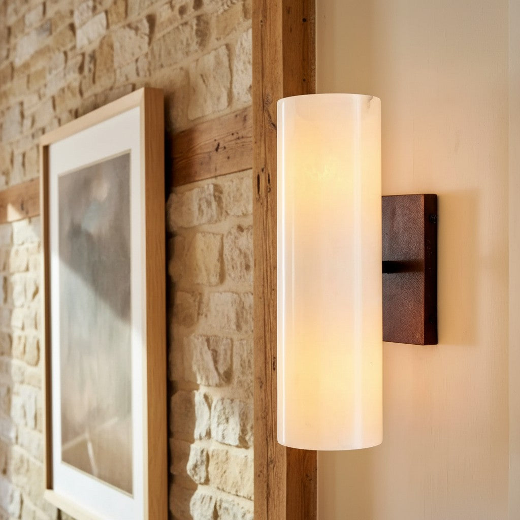 Cylindrical Wall Lamp with Natural Alabaster or Ribbed Glass Shade Bronze Nickel Brass - Lamylie