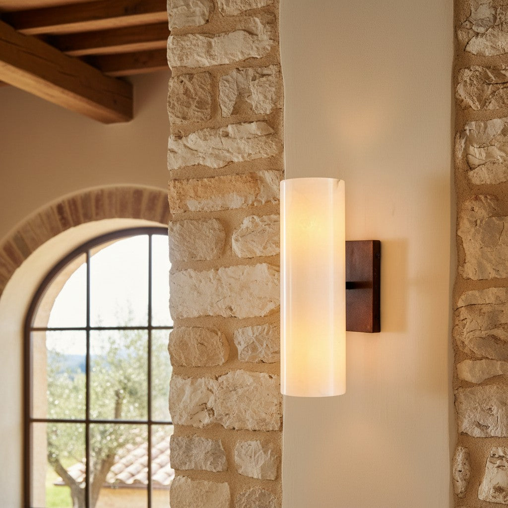 Cylindrical Wall Lamp with Natural Alabaster or Ribbed Glass Shade Bronze Nickel Brass - Lamylie