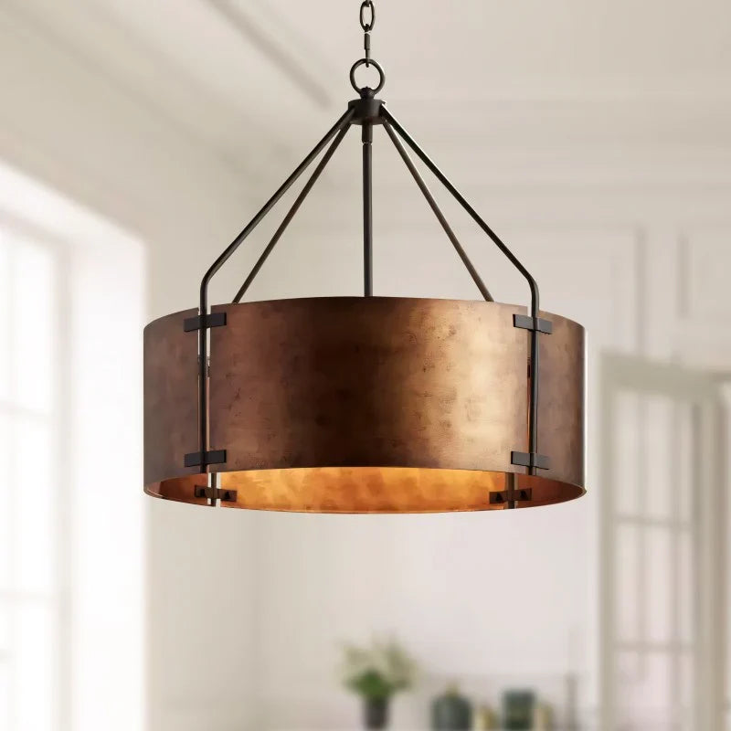 Industriální závěsné svítidlo ve tvaru bubnu, rezavě bronzové kovové stínidlo, 4 světelné body, vintage design, kuchyňský ostrůvek, jídelní stůl, jídelna – Lamylie