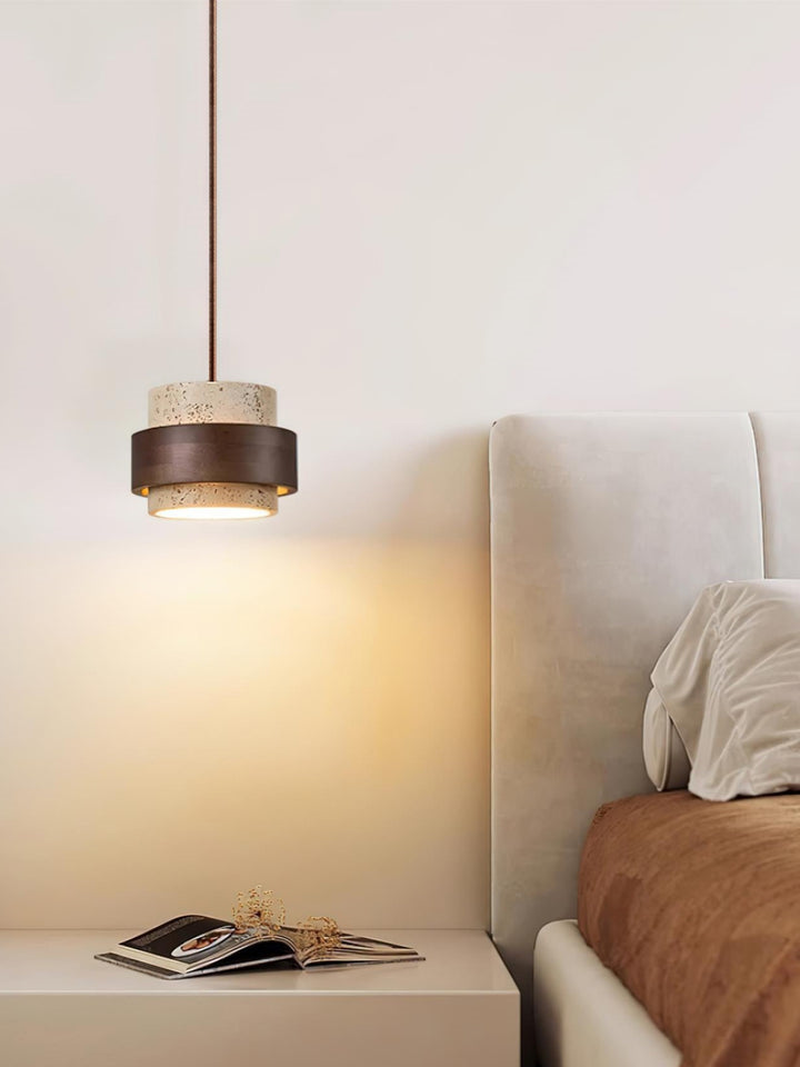 Holzpendelleuchte mit Travertin-Finish | Organische Lichtquelle für Esszimmer und Wohnzimmer - Lamylie