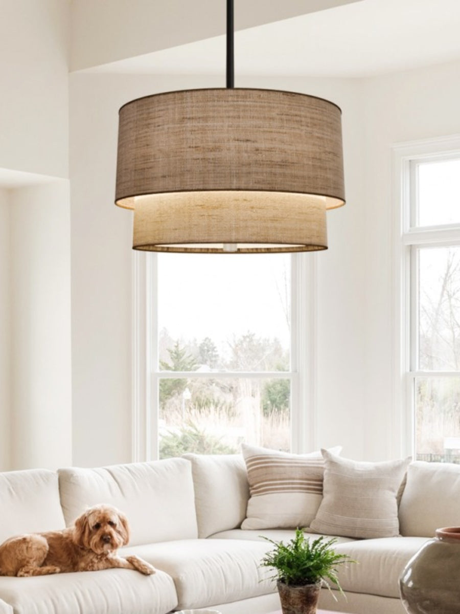 Doppelte Stoff-Trommelpendelleuchte | Moderne Schichtschirm-Deckenlampe für Esszimmer und Wohnzimmer - Lamylie
