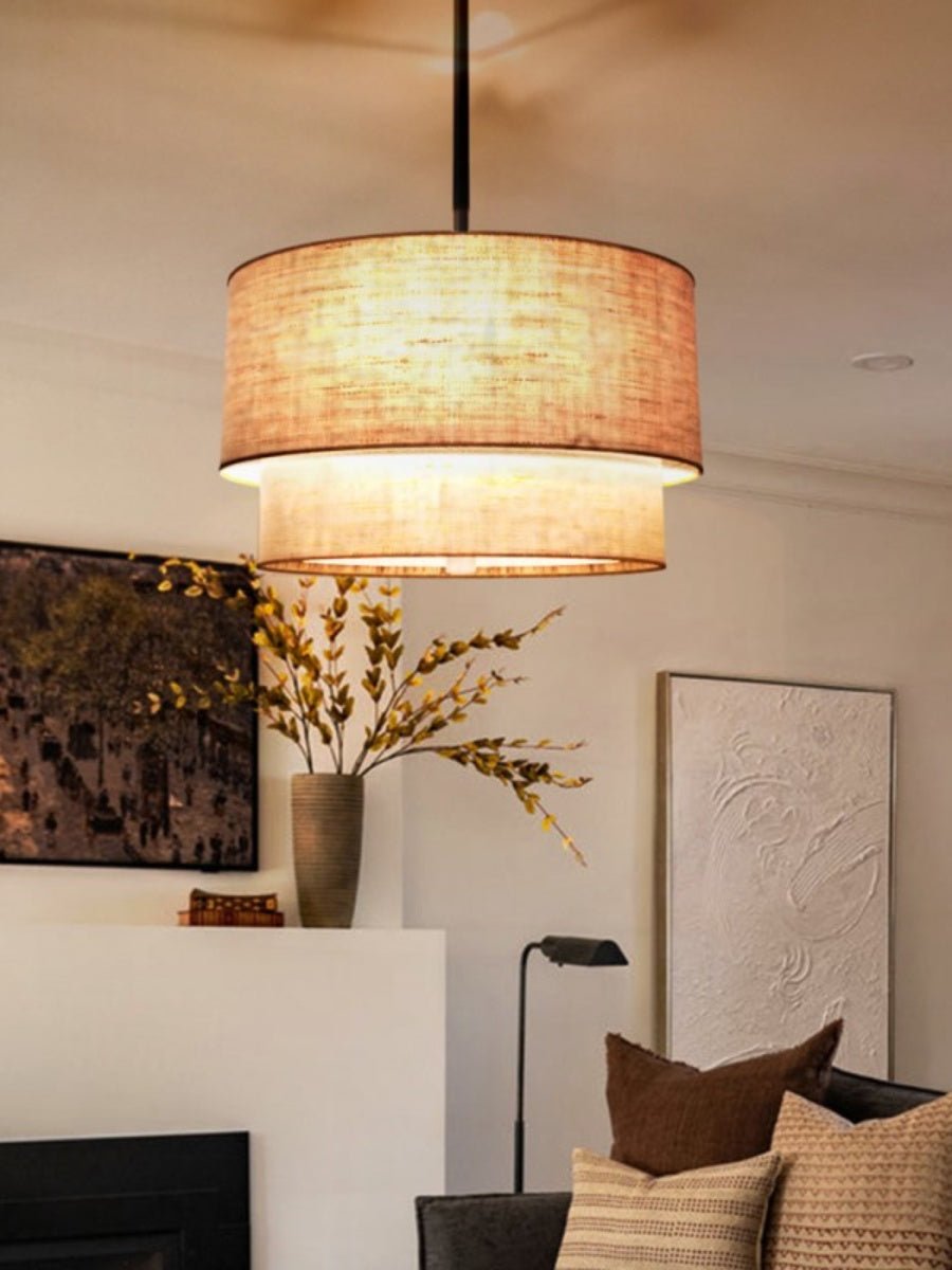 Doppelte Stoff-Trommelpendelleuchte | Moderne Schichtschirm-Deckenlampe für Esszimmer und Wohnzimmer - Lamylie