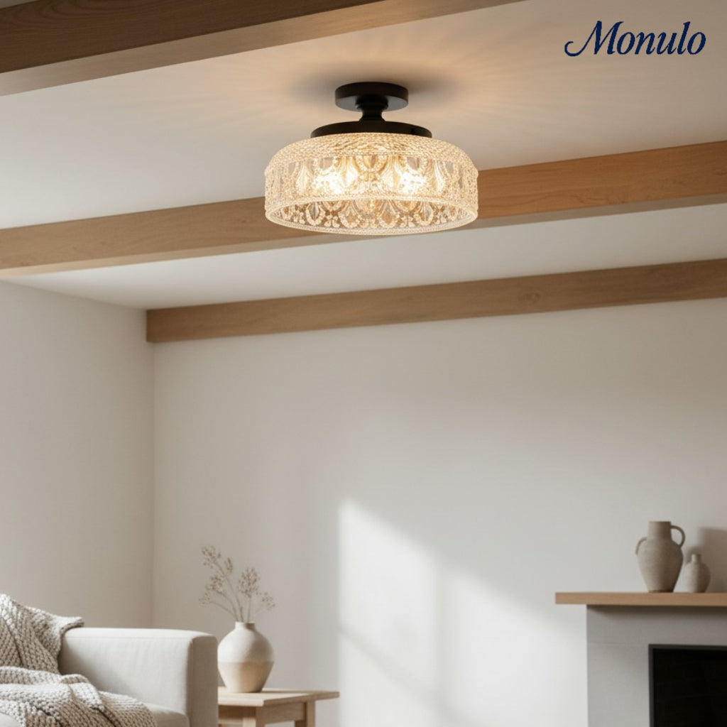 Ribbed Glass Ceiling Lamp with Metal Fixture | Minimalist Lighting for Bedroom and Hallway - Lamylie