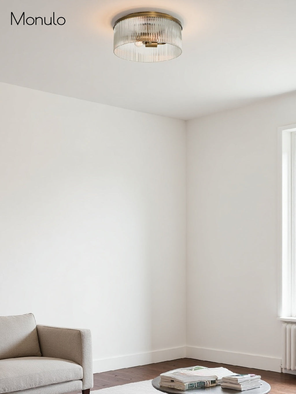 Ribbed Glass Ceiling Lamp Modern Low-Profile Design Bedroom Living Room Hall - Lamylie