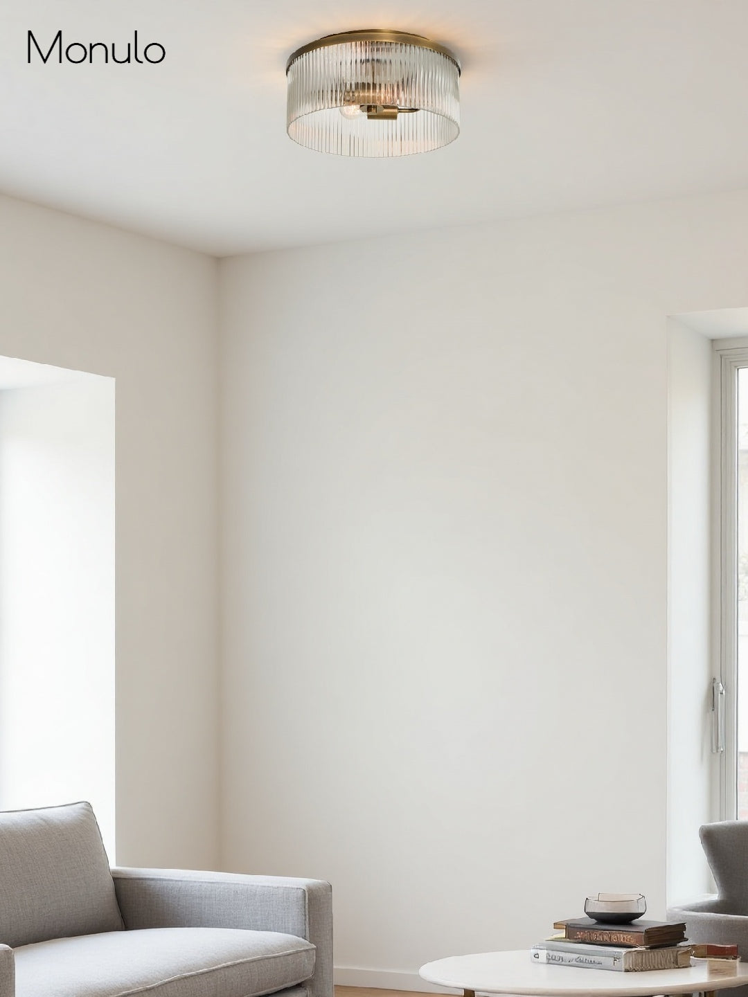 Ribbed Glass Ceiling Lamp Modern Low-Profile Design Bedroom Living Room Hall - Lamylie