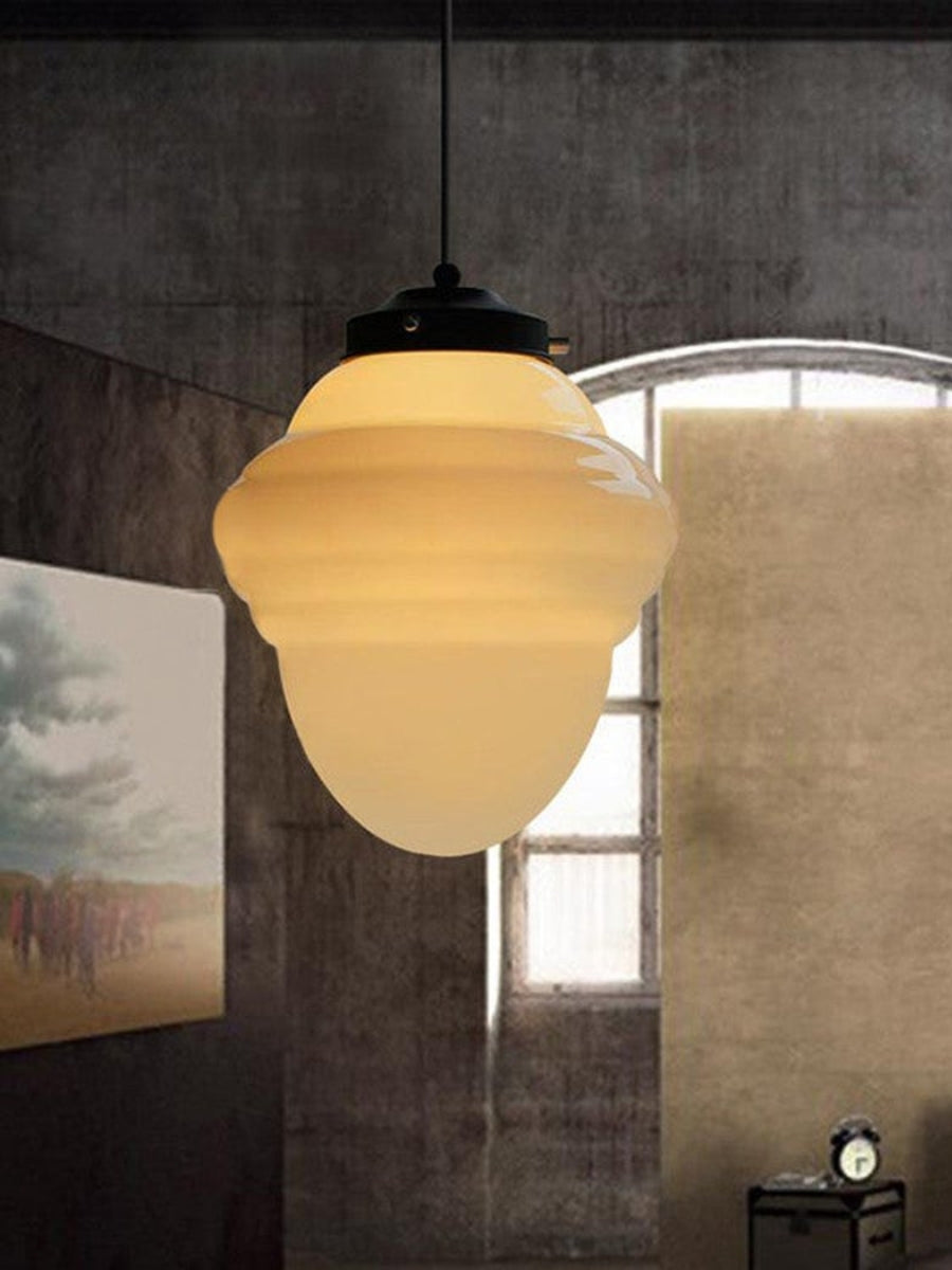Vintage Art Deco Milk Glass Pendant Lamp with Striped Shade for Dining Room and Living Area - Lamylie