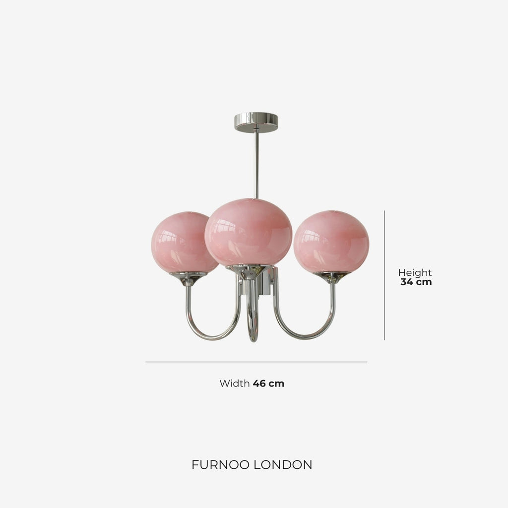Mid-Century Glass Chandelier with Globe Shades and Polished Metal Finish | Available in Copper and Chrome with Colored Glass | 3 or 5 Arms with Adjustable Rod System - Lamylie