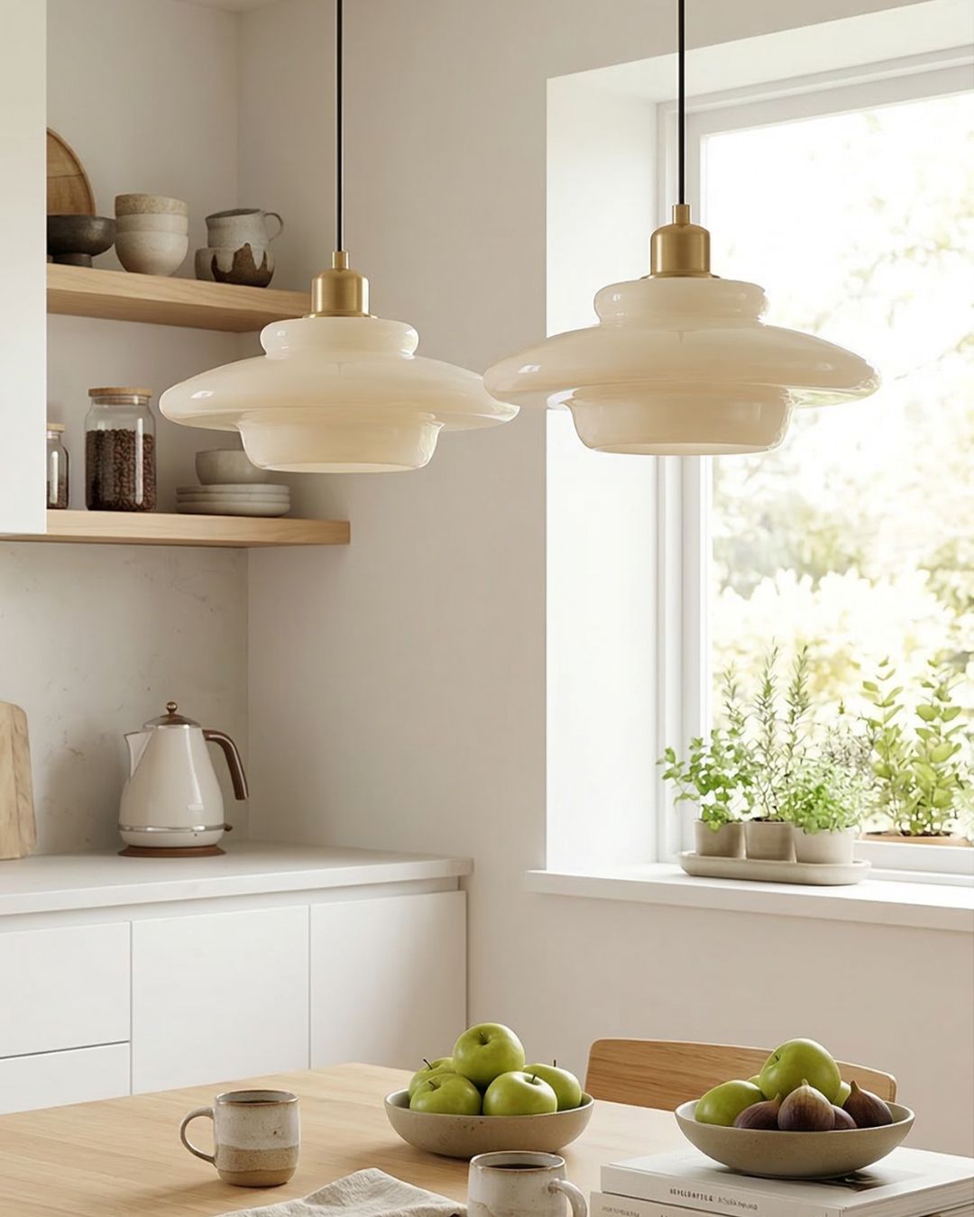 TINA Pendant Lamp | Mid-Century Milk White Glass with Brushed Brass | Modern Dining & Kitchen Lighting | Adjustable | E27 Socket - Lamylie