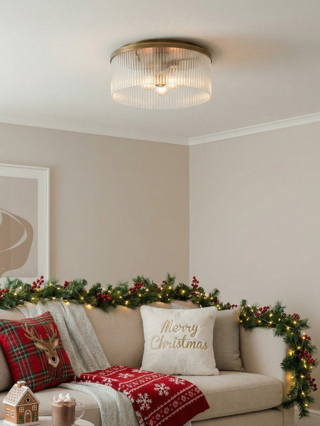 Ribbed Glass Ceiling Lamp Modern Low-Profile Design Bedroom Living Room Hall - Lamylie