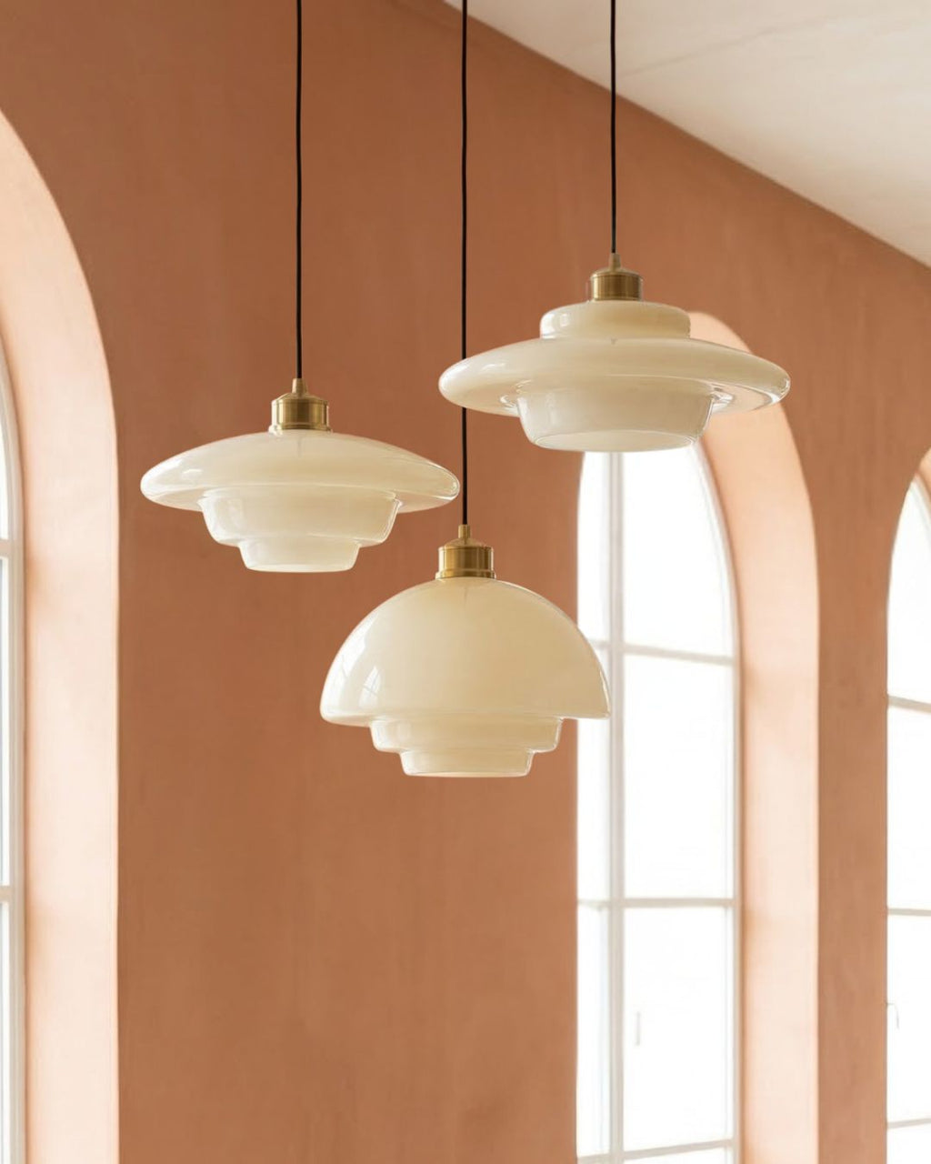 TINA Pendant Lamp | Mid-Century Milk White Glass with Brushed Brass | Modern Dining & Kitchen Lighting | Adjustable | E27 Socket - Lamylie
