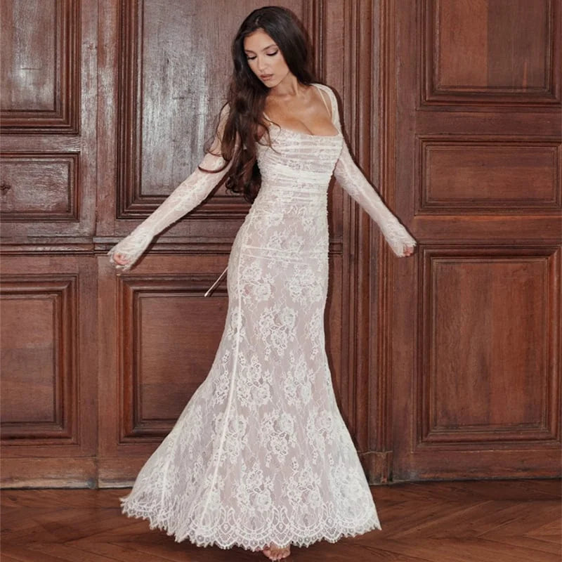 Long lace dress with drawstring and shawl - Lamylie