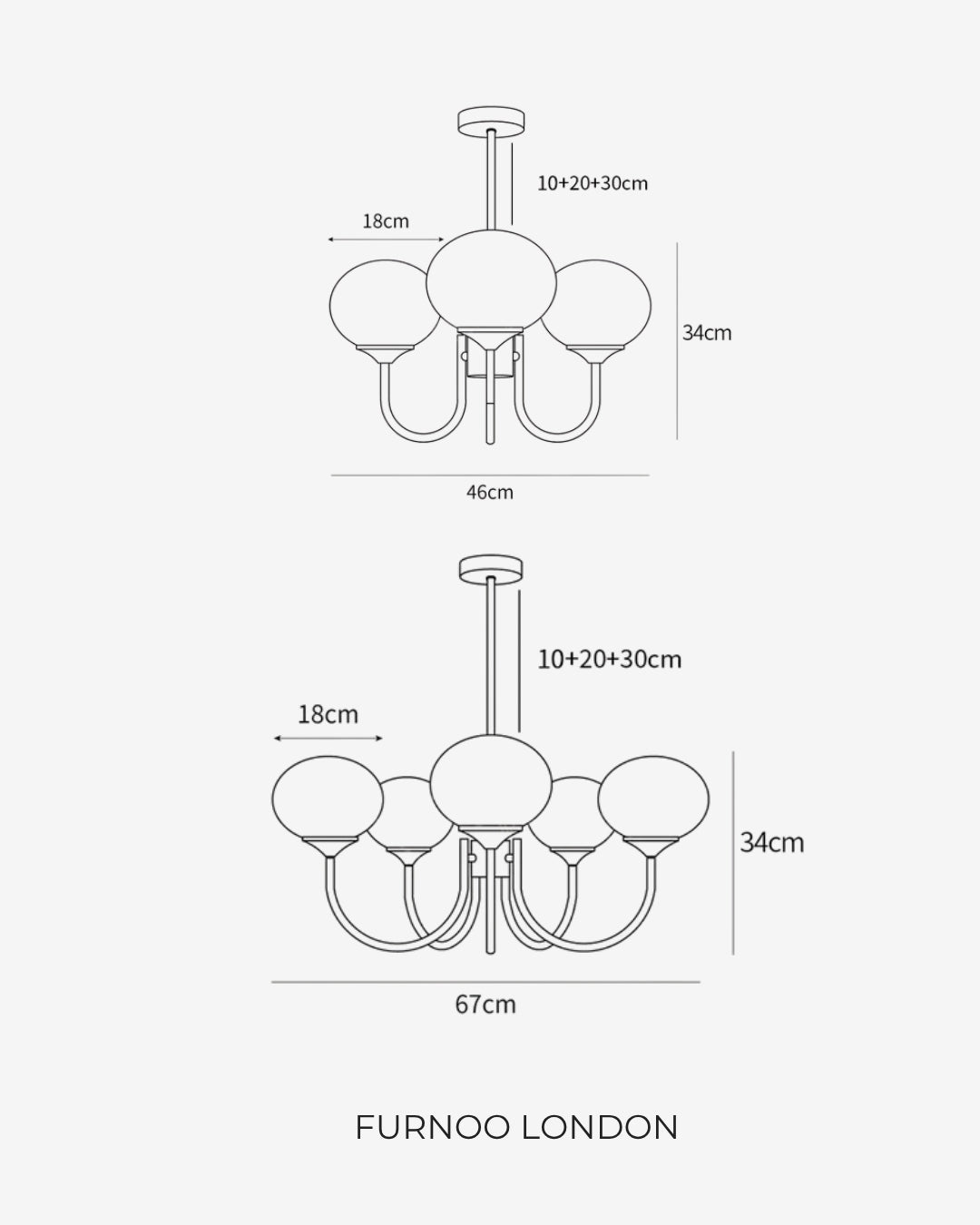 Mid-Century Glass Chandelier with Globe Shades and Polished Metal Finish | Available in Copper and Chrome with Colored Glass | 3 or 5 Arms with Adjustable Rod System - Lamylie