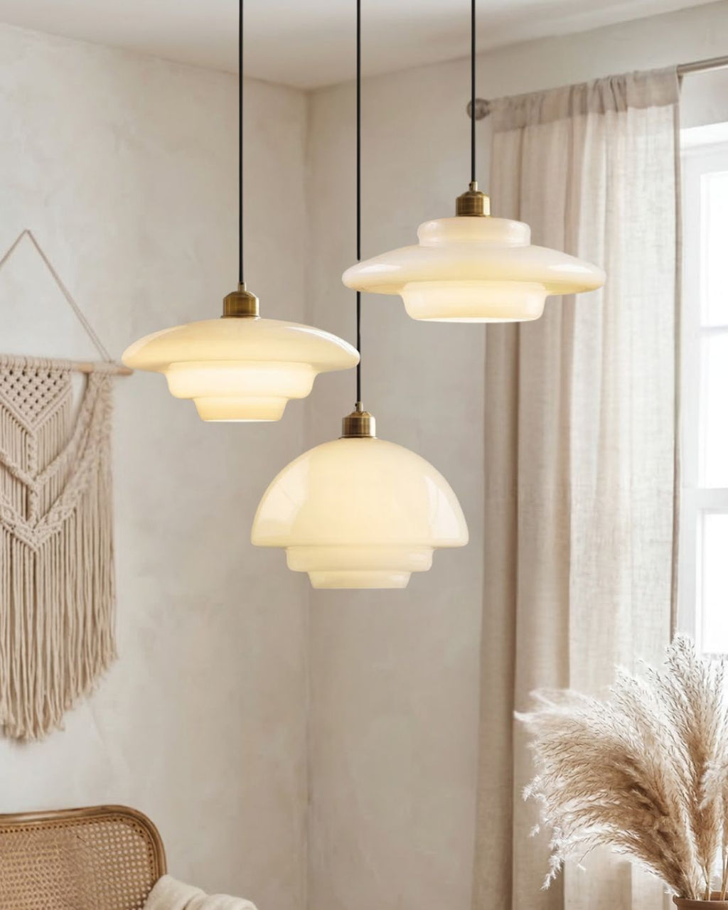 TINA Pendant Lamp | Mid-Century Milk White Glass with Brushed Brass | Modern Dining & Kitchen Lighting | Adjustable | E27 Socket - Lamylie