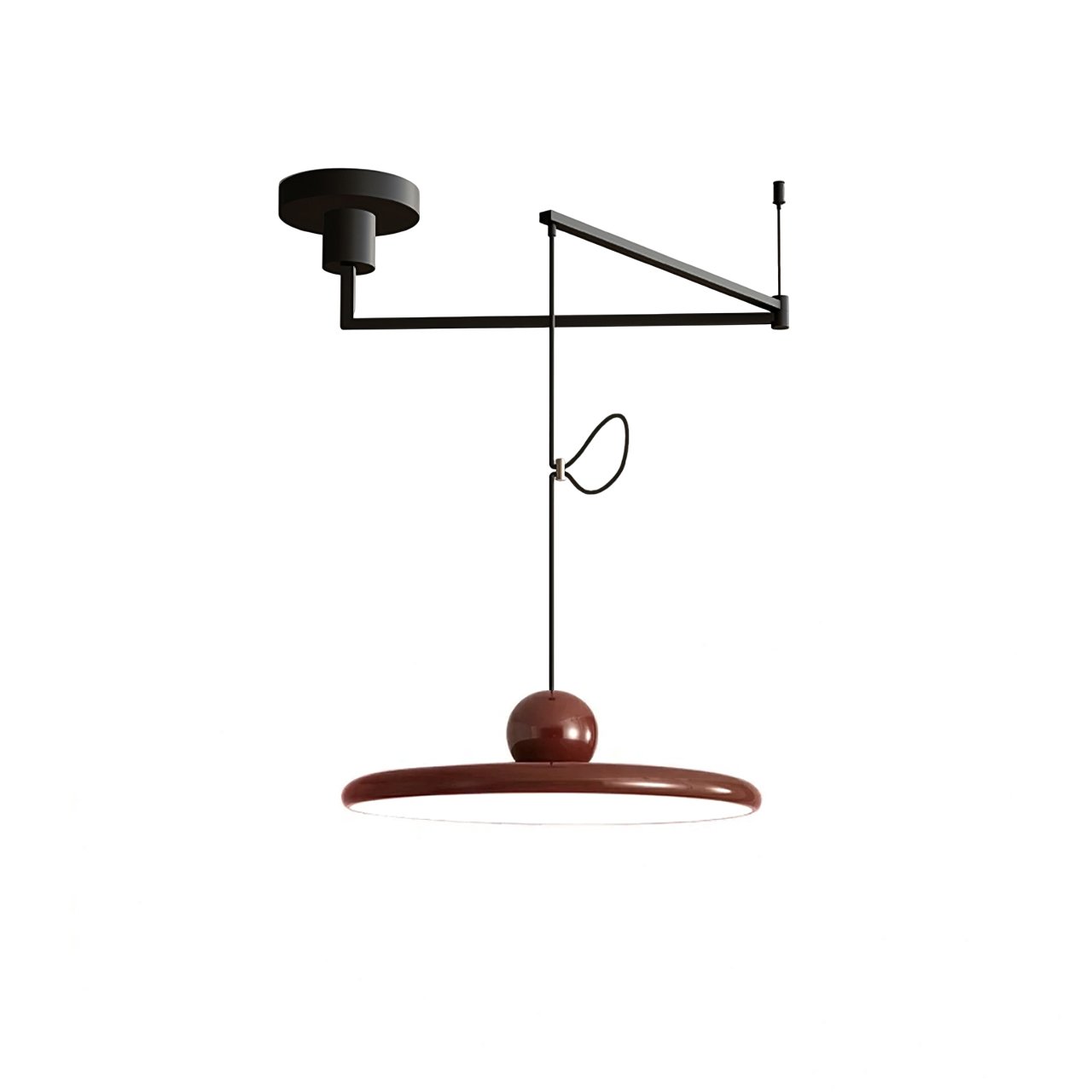 Závěsná lampa Swing z poloviny 20. století — kinetický design s plovoucím diskem a protizávažím | lampa s nastavitelným ramenem do moderních jídelen a kreativních pracovních prostor | integrovaná LED – Lamylie