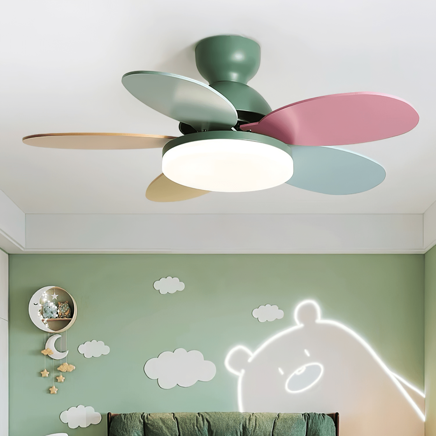 Liora Ceiling Fan with Lighting and Colored Glass Leaves for Children's Room | Modern Ceiling Fan with LED and Remote Control | Adjustable Speed Ceiling Fan with Light in Multiple Color Variants - Lamylie