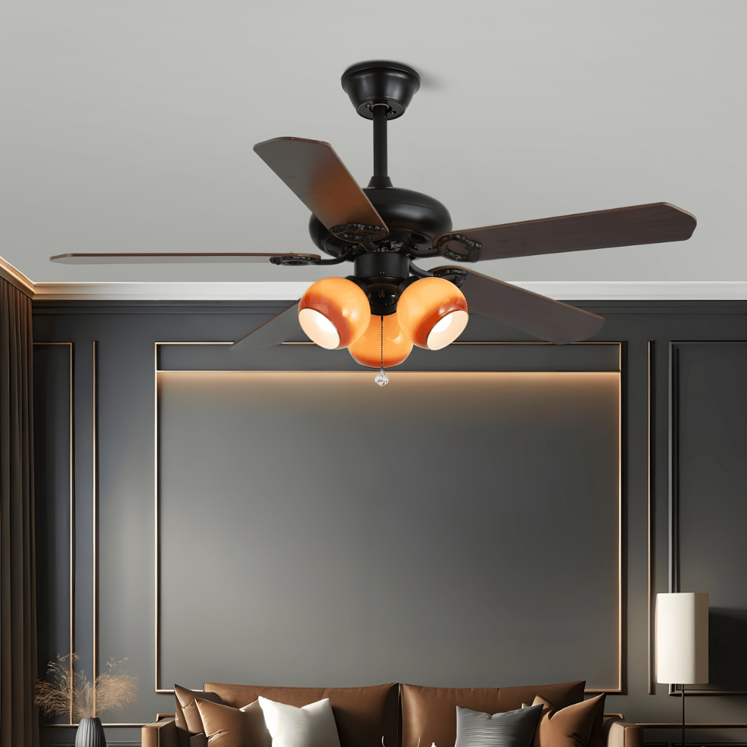 Ventilator de tavan cu iluminare, lemn vintage și sticlă, 107 cm, lampă de tavan în stil scandinav retro, cu telecomandă – Lamylie