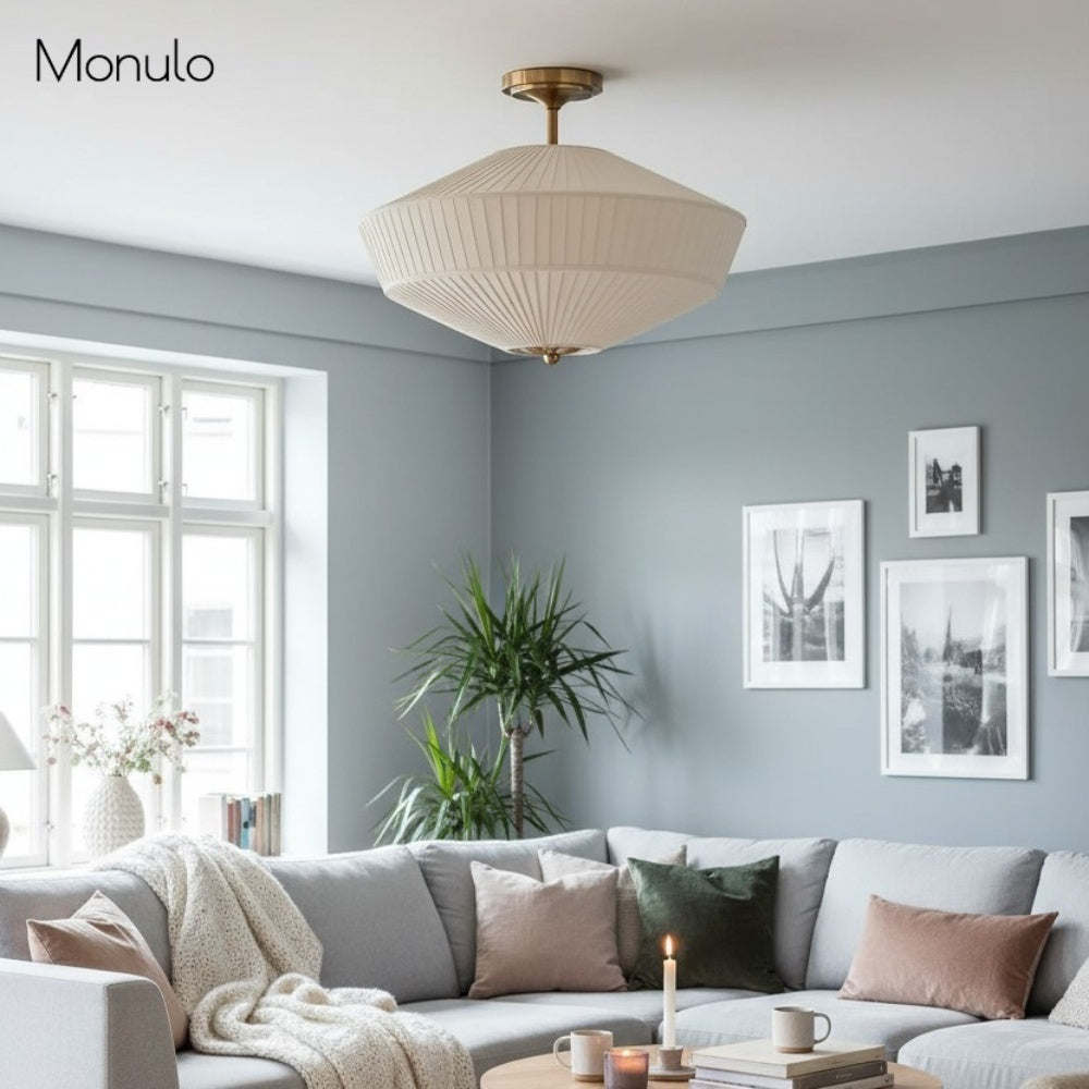 Semi-Flush Ceiling Lamp Metal Fabric Shade Streamlined Design Contemporary Lighting Living Room Bedroom Scandinavian Interior Vintage Details - Lamylie