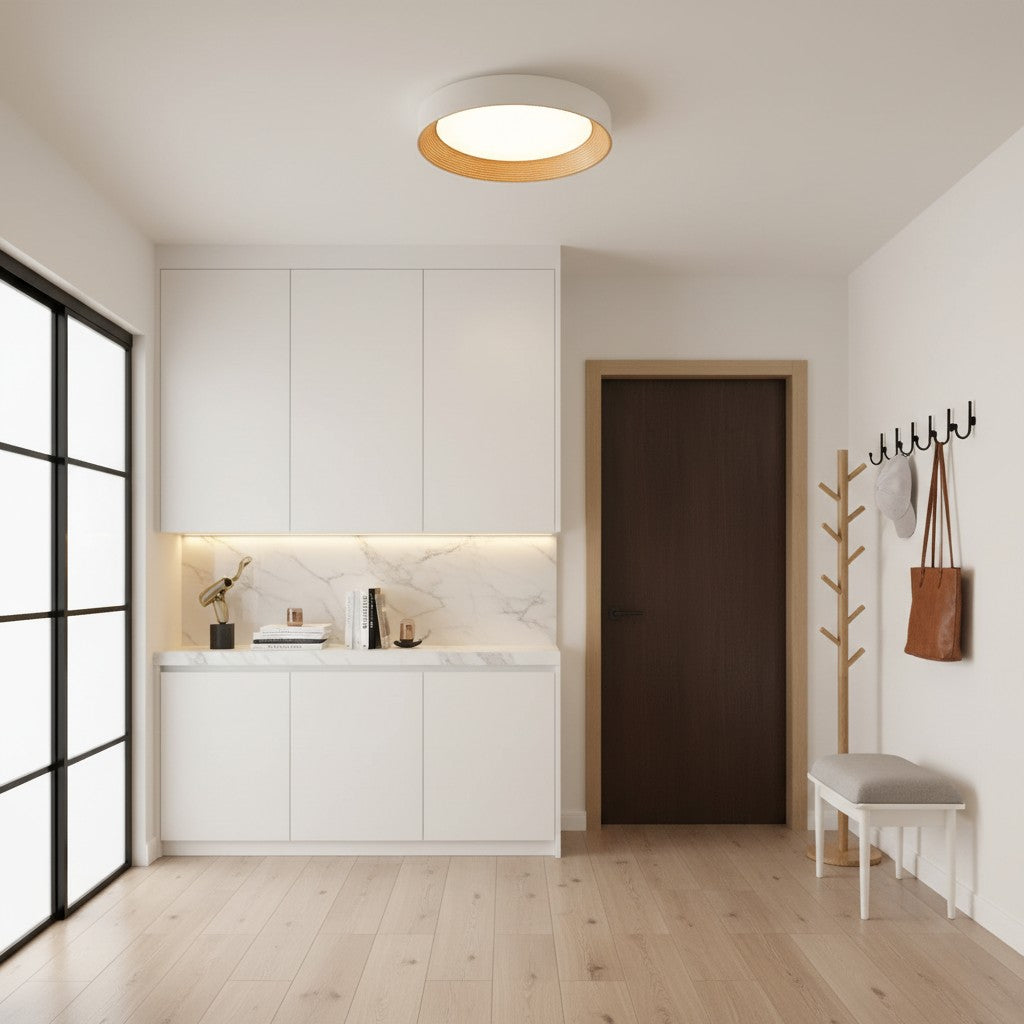 Candeeiro de teto redondo minimalista com rebordo de madeira | Luz quente | Design nórdico | Iluminação de teto escandinava para quarto, hall de entrada - Lamylie