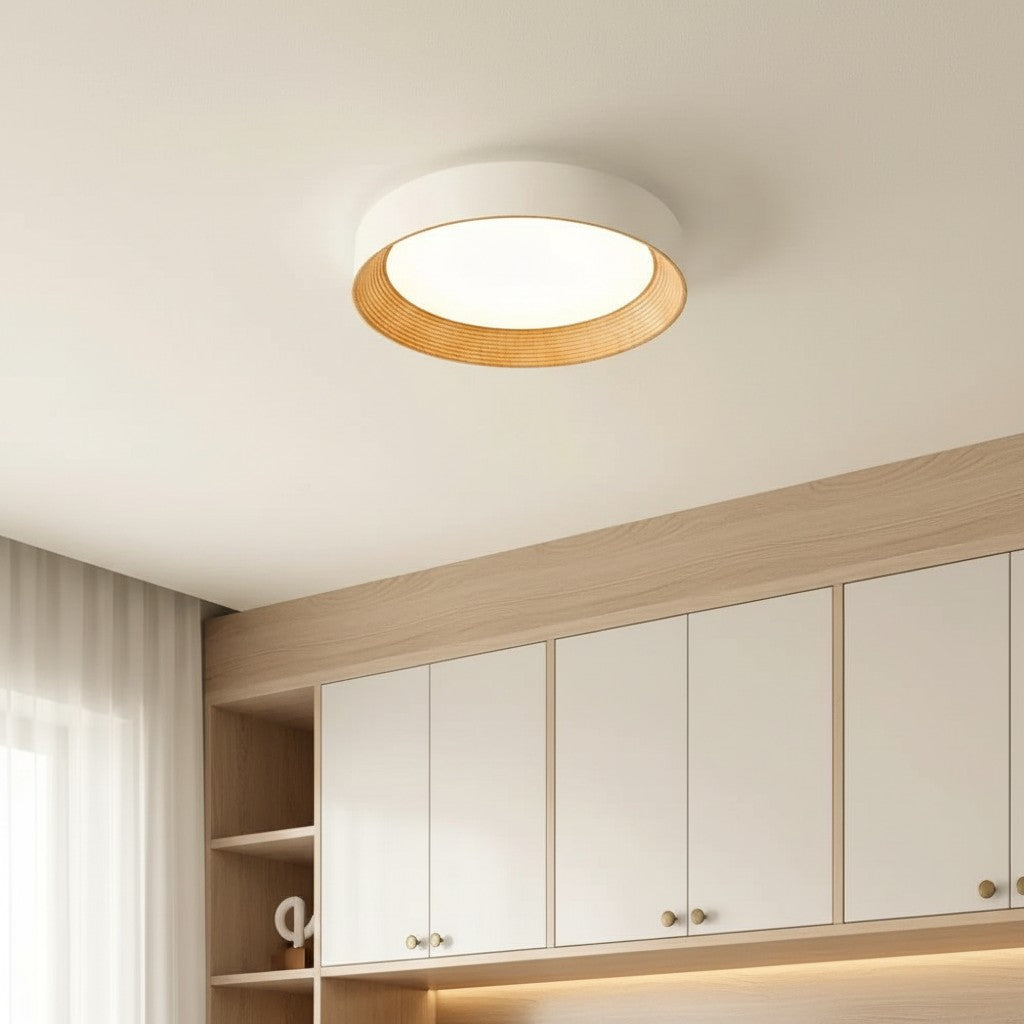 Candeeiro de teto redondo minimalista com rebordo de madeira | Luz quente | Design nórdico | Iluminação de teto escandinava para quarto, hall de entrada - Lamylie