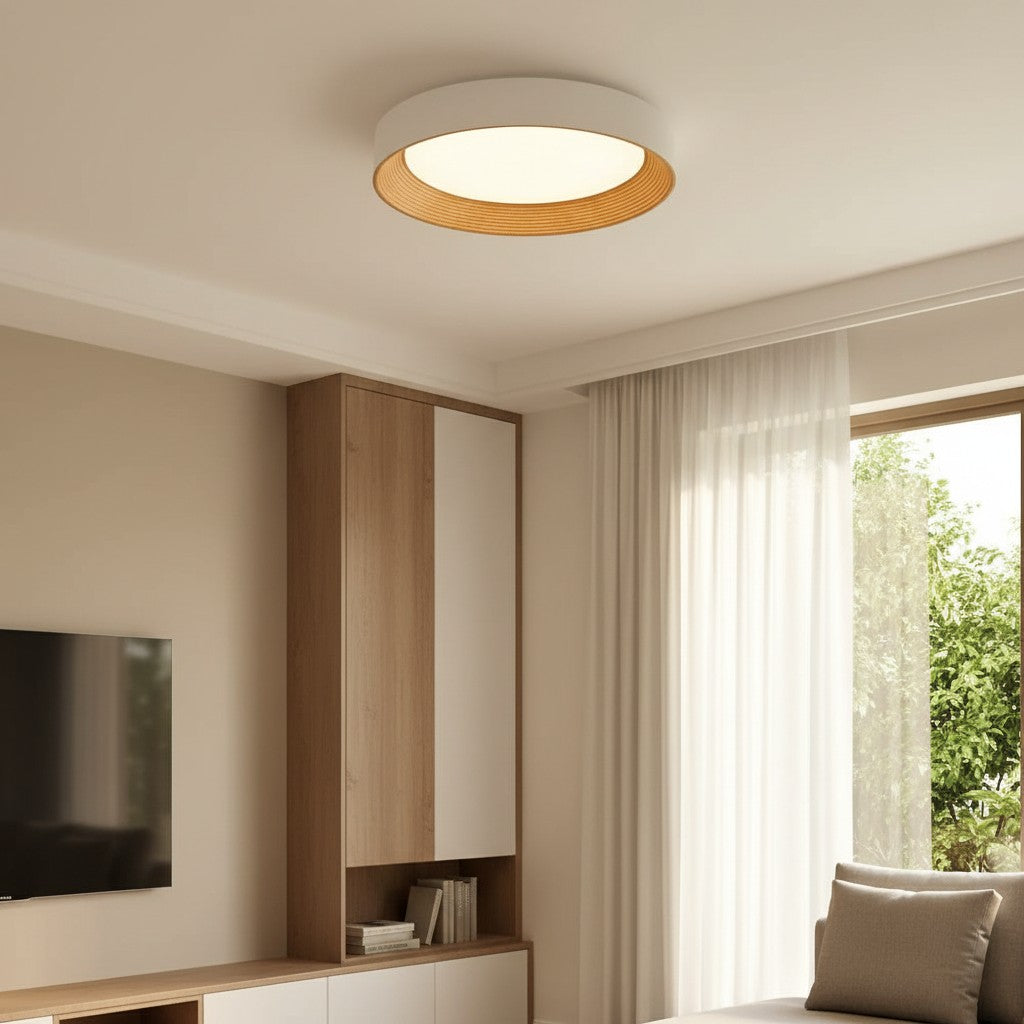 Candeeiro de teto redondo minimalista com rebordo de madeira | Luz quente | Design nórdico | Iluminação de teto escandinava para quarto, hall de entrada - Lamylie