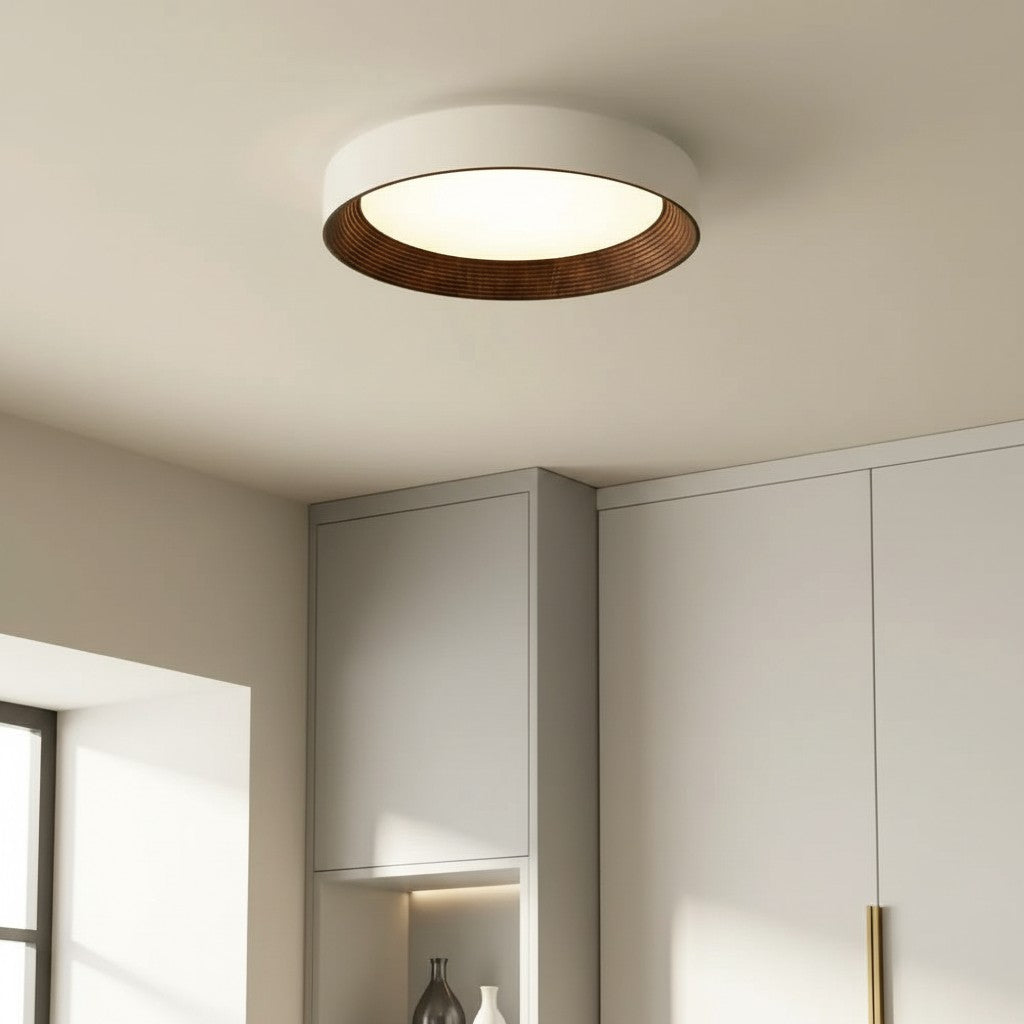 Candeeiro de teto redondo minimalista com rebordo de madeira | Luz quente | Design nórdico | Iluminação de teto escandinava para quarto, hall de entrada - Lamylie