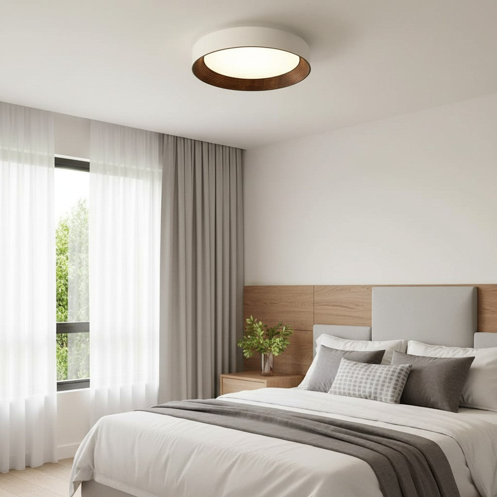 Candeeiro de teto redondo minimalista com rebordo de madeira | Luz quente | Design nórdico | Iluminação de teto escandinava para quarto, hall de entrada - Lamylie