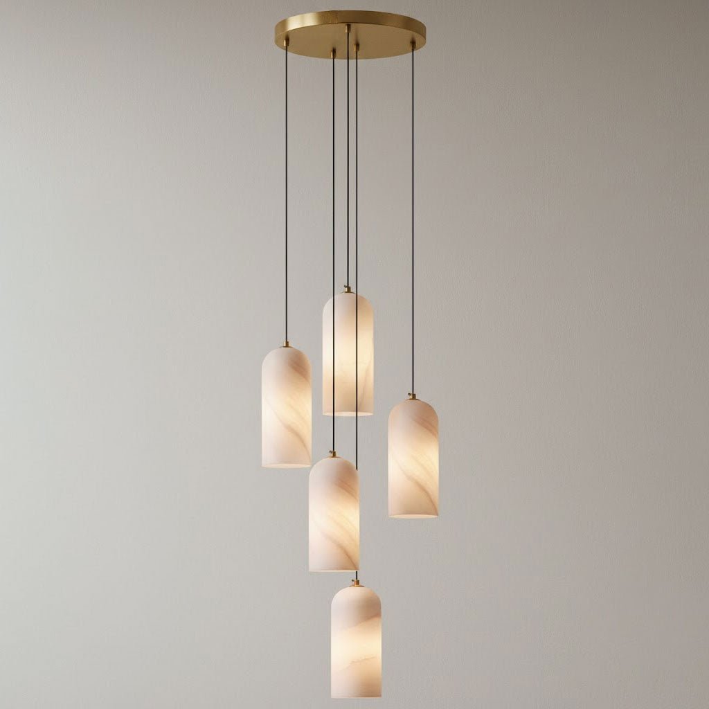 Alabaster Pendant Lamp with Braided Cord | Natural Stone Lighting from Single Light to 21-Light Cluster | Mid-Century Modern Style Dining Room Pendant Lamp with E12/E14 Fitting - Lamylie