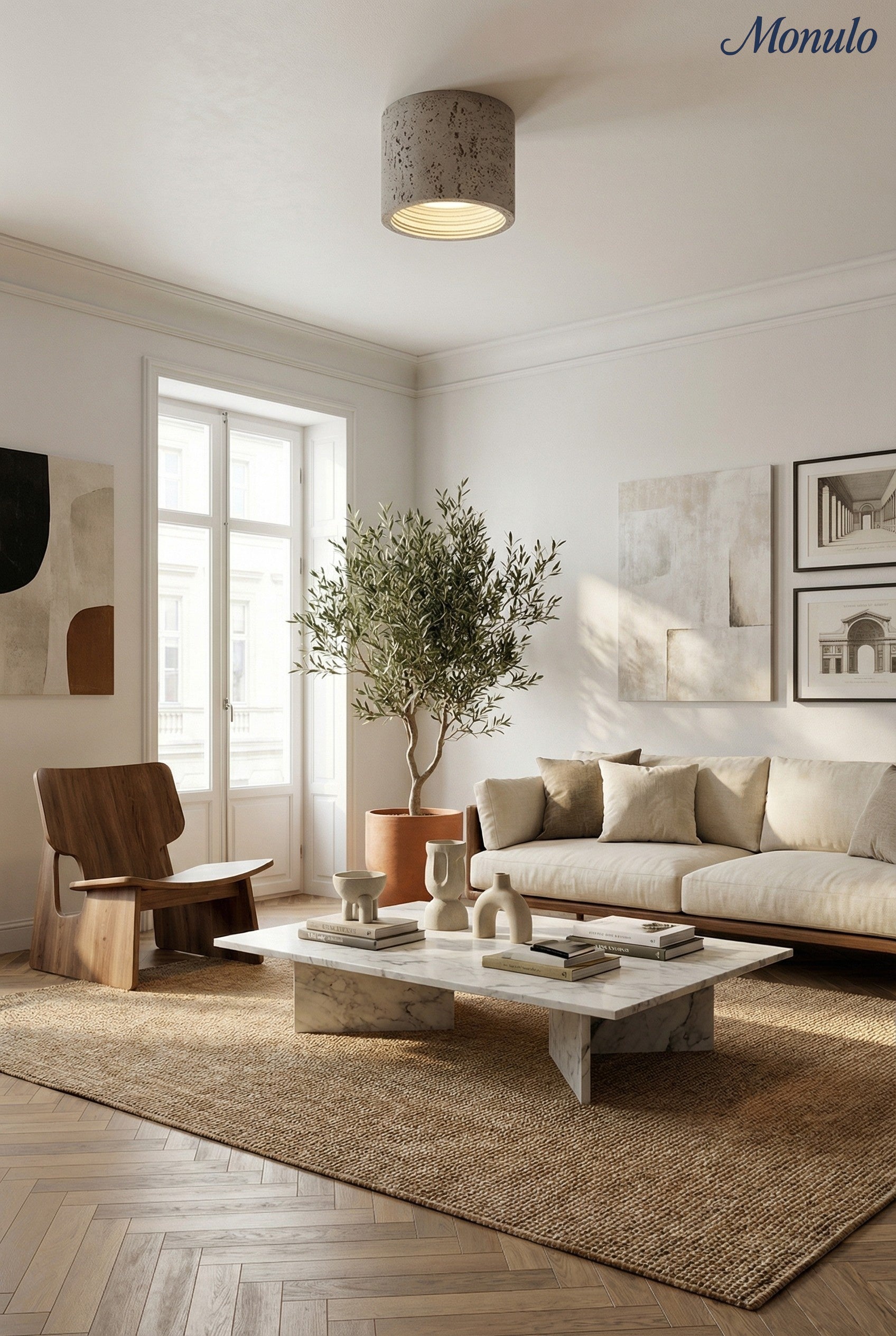 Cylindrical Travertine Ceiling Lamp | LED Lighting for Modern Interiors - Lamylie