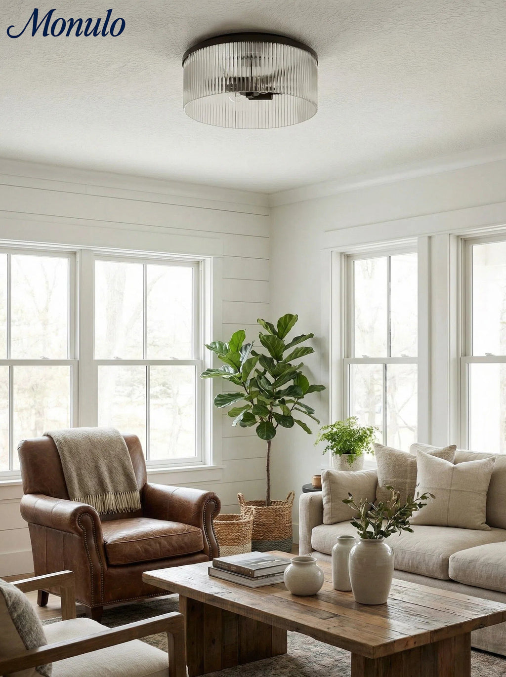 Ribbed Glass Ceiling Lamp Modern Low-Profile Design Bedroom Living Room Hall - Lamylie