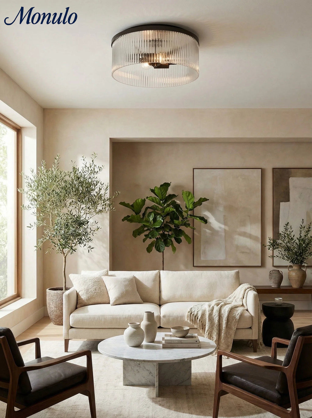 Ribbed Glass Ceiling Lamp Modern Low-Profile Design Bedroom Living Room Hall - Lamylie