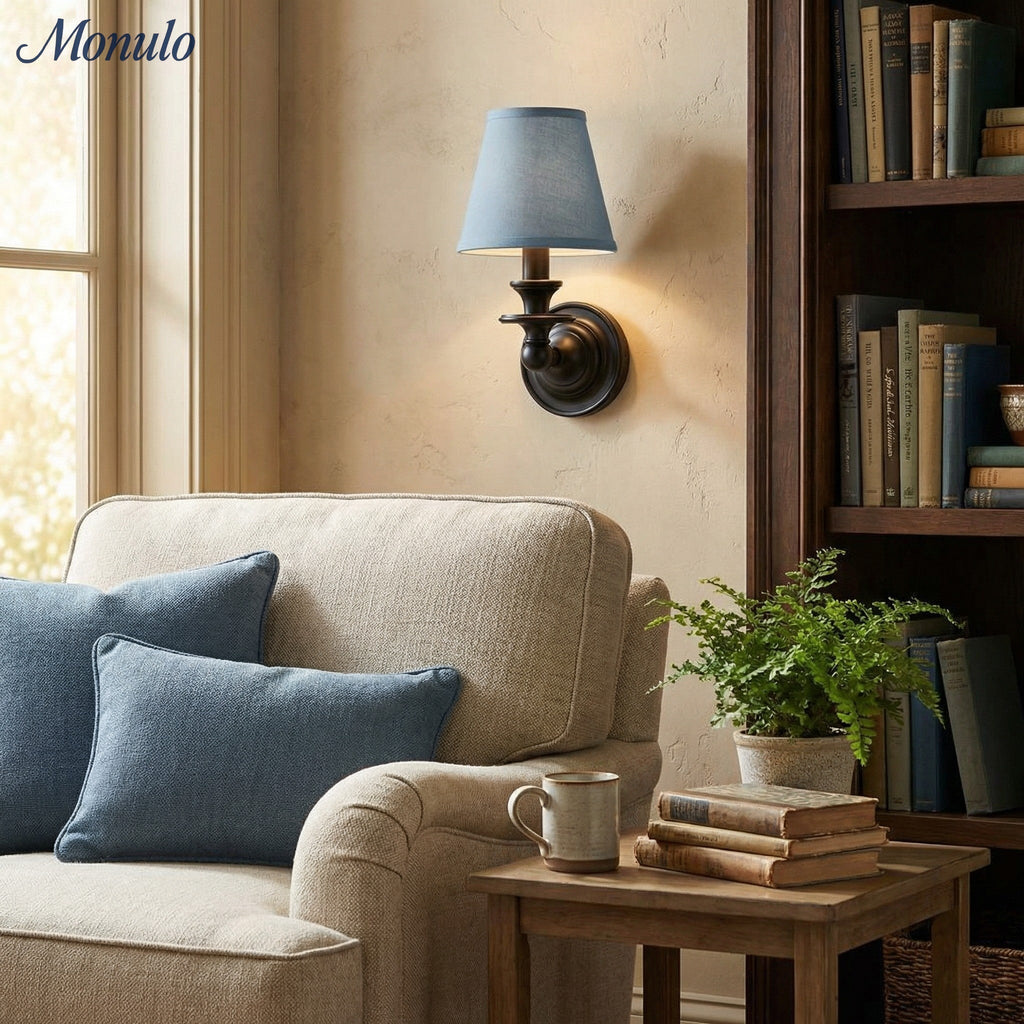 Wall Lamp with Fabric Shade and Gooseneck Arm | Wrought Iron Fixture with Adjustable Reading Lamp - Lamylie