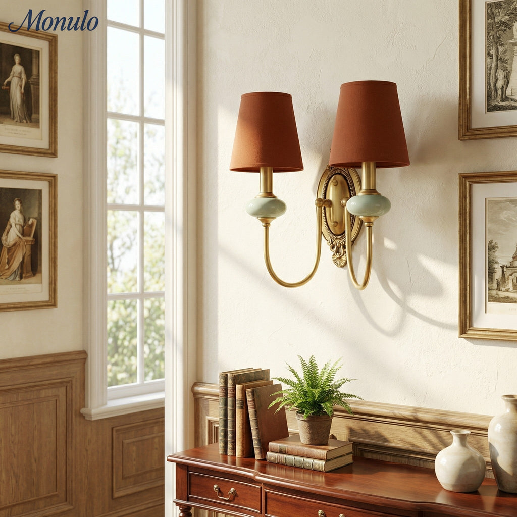 Ceramic Wall Lamp with Fabric Shade - 1 or 2 Light Points - E27 - Various Colors & Styles - Lamylie