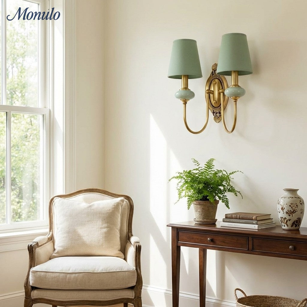 Ceramic Wall Lamp with Fabric Shade - 1 or 2 Light Points - E27 - Various Colors & Styles - Lamylie