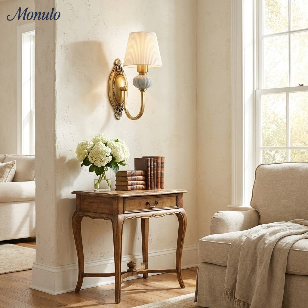 Ceramic Wall Lamp with Fabric Shade - 1 or 2 Light Points - E27 - Various Colors & Styles - Lamylie