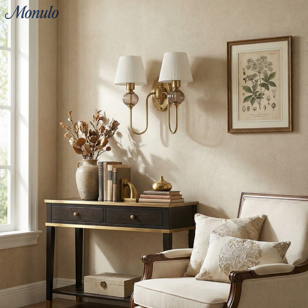 Ceramic Wall Lamp with Fabric Shade - 1 or 2 Light Points - E27 - Various Colors & Styles - Lamylie