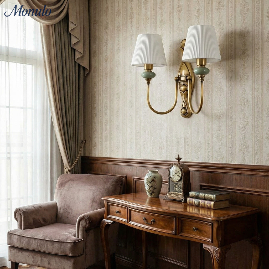 Ceramic Wall Lamp with Fabric Shade - 1 or 2 Light Points - E27 - Various Colors & Styles - Lamylie
