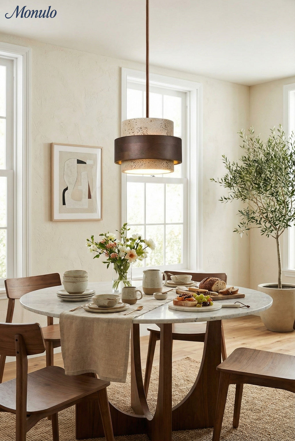 Holzpendelleuchte mit Travertin-Finish | Organische Lichtquelle für Esszimmer und Wohnzimmer - Lamylie