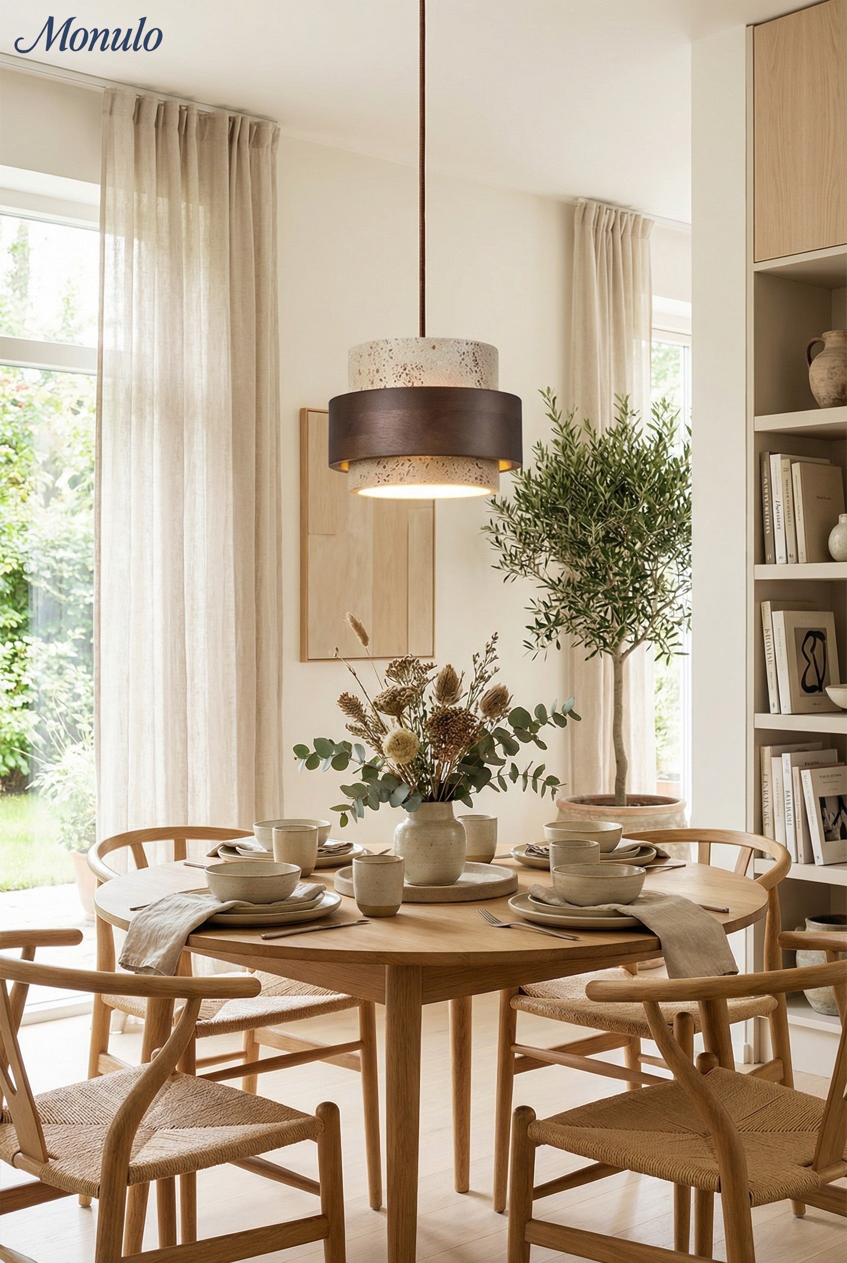 Holzpendelleuchte mit Travertin-Finish | Organische Lichtquelle für Esszimmer und Wohnzimmer - Lamylie