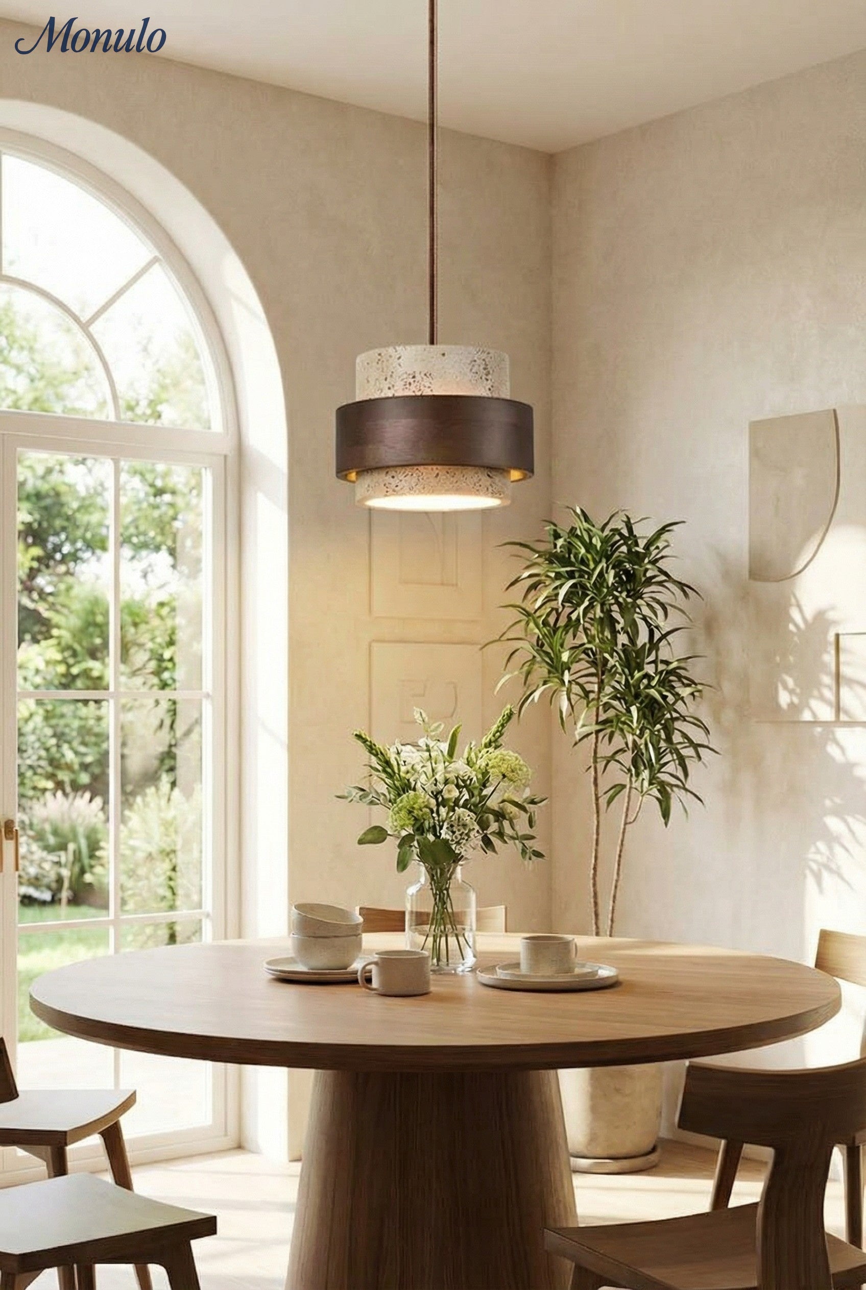 Wooden Pendant Lamp with Travertine Finish | Organic Light Source Dining Room Living Room - Lamylie
