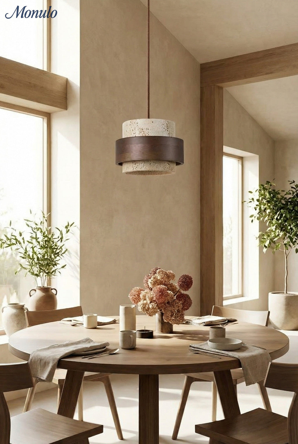 Holzpendelleuchte mit Travertin-Finish | Organische Lichtquelle für Esszimmer und Wohnzimmer - Lamylie