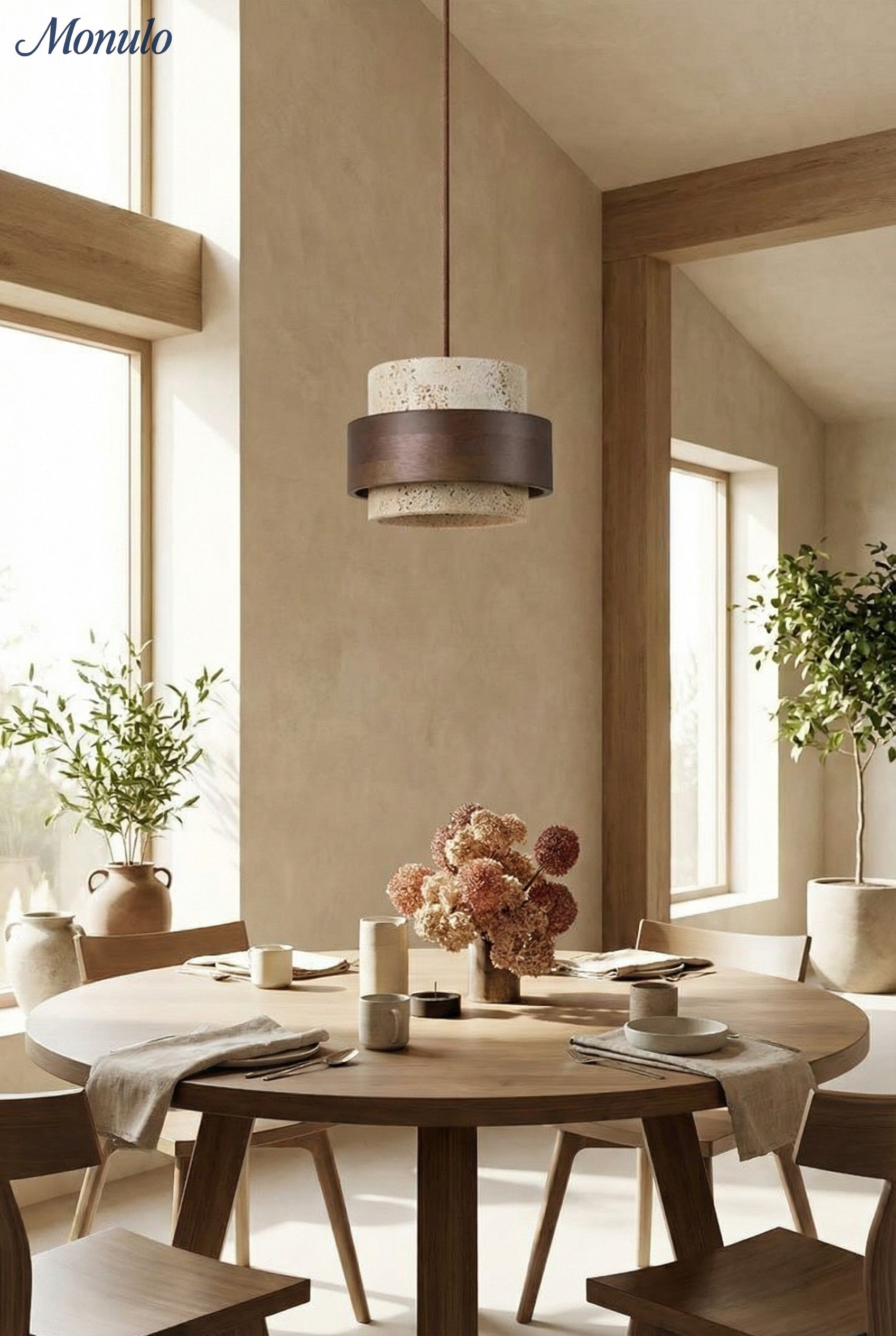 Holzpendelleuchte mit Travertin-Finish | Organische Lichtquelle für Esszimmer und Wohnzimmer - Lamylie