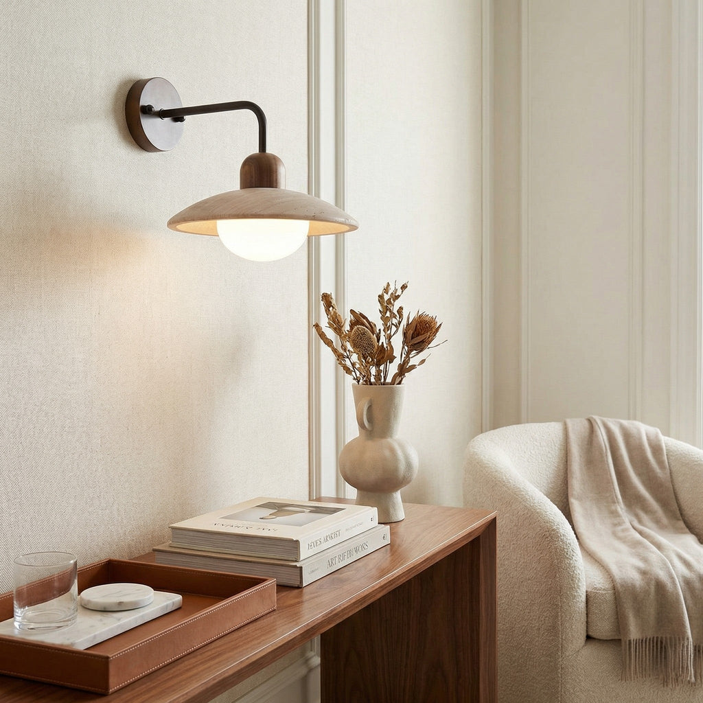 Travertine Wall Lamp Minimalist Disc Design Natural Stone Lighting for Living Room Bedroom Hall Modern Interior Wall Lighting with Warm Light - Lamylie