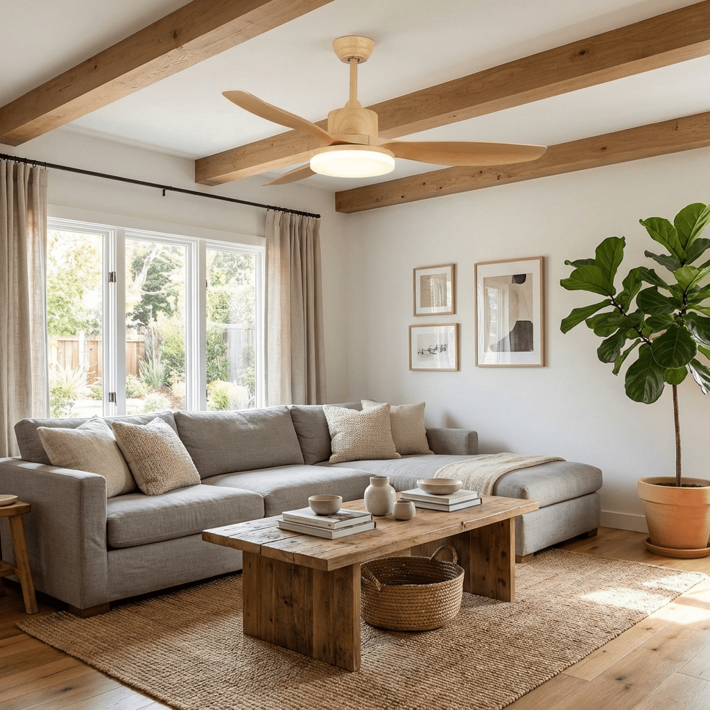 Mennyezeti ventilátor LED-világítással, 122/132 cm – DC-motor, 6 sebességfokozat, ABS-lapátok, természetes faerezetű felület, hidrografikus távirányító, 3 színhőmérséklet, integrált világítás, ventilátorfunkció, mennyezeti rögzítés – Lamylie