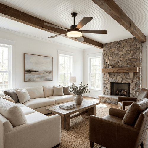 Ceiling Fan with LED Lighting 122/132 cm — DC Motor 6 Speeds ABS Blades Natural Wood Grain Finish Hydrographic Remote Control 3 Color Temperatures Integrated Lighting Fan Function Ceiling Mount - Lamylie