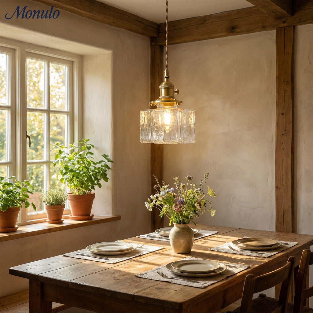 Vintage Pendelleuchte mit welligem Glas & Eisenfassung | Quadratisch/Rechteckig | Skandinavisches Design für Wohnzimmer - Lamylie