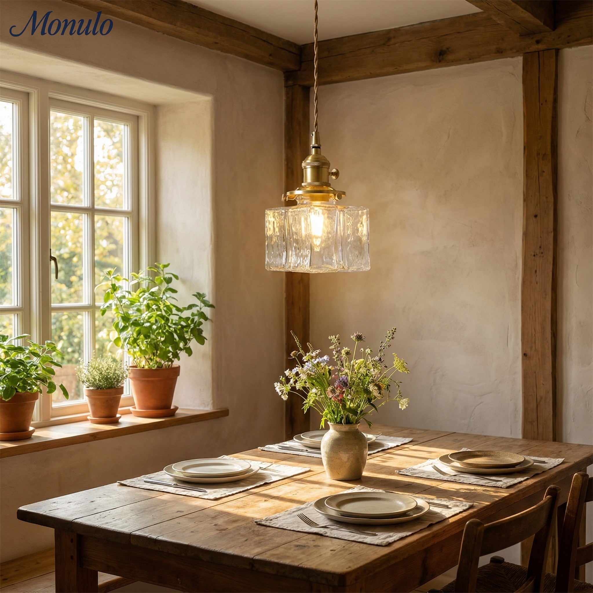 Vintage Pendelleuchte mit welligem Glas & Eisenfassung | Quadratisch/Rechteckig | Skandinavisches Design für Wohnzimmer - Lamylie