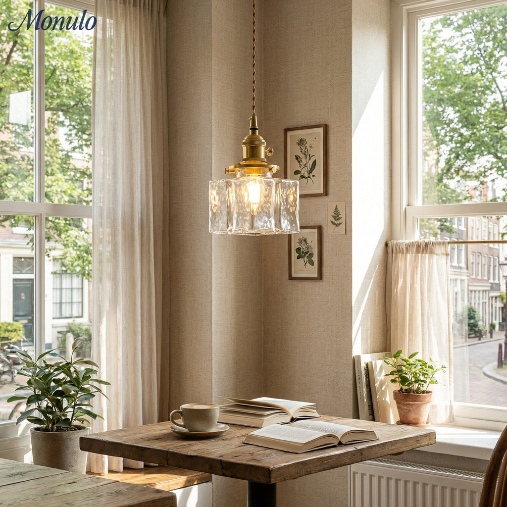 Vintage Pendelleuchte mit welligem Glas & Eisenfassung | Quadratisch/Rechteckig | Skandinavisches Design für Wohnzimmer - Lamylie